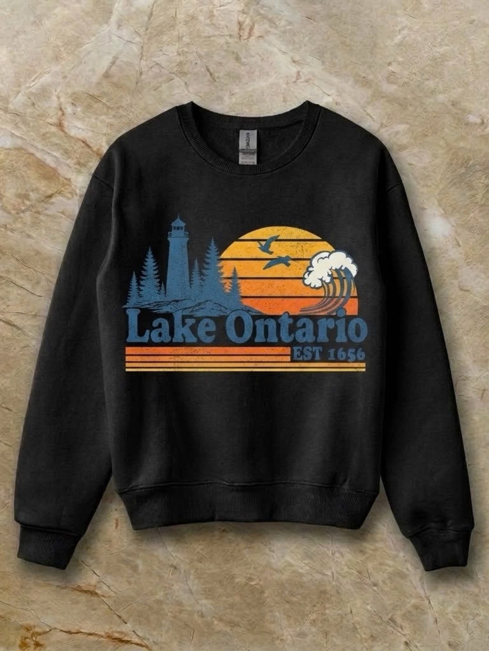 Gildan Black Crewneck Sweatshirt with Blue and Orange Lake Graphic